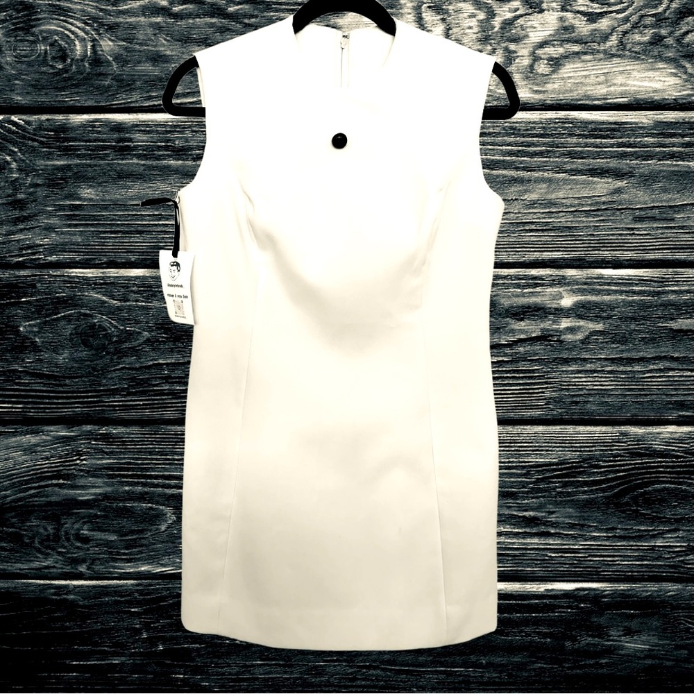 Cream Mini Back Zip Retro Mod Dress Brown Leather Button - Small